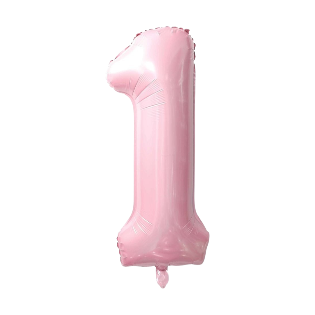 Baby pink 34in number 1 foil balloon for birthday parties – from Parte Haus party supply store in Bethesda, MD.