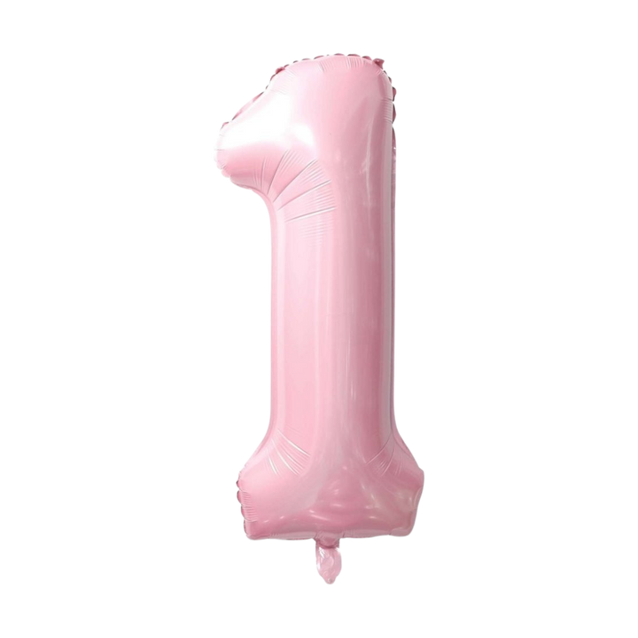 Baby pink 34in number 1 foil balloon for birthday parties – from Parte Haus party supply store in Bethesda, MD.