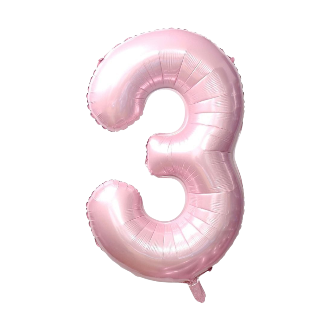 Baby pink 34in number 3 foil balloon for birthday parties – from Parte Haus party supply store in Bethesda, Maryland.