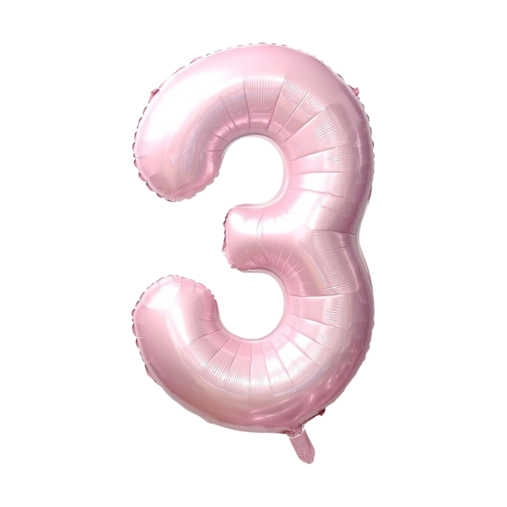 Baby pink 34in number 3 foil balloon for birthday parties – from Parte Haus party supply store in Bethesda, Maryland.
