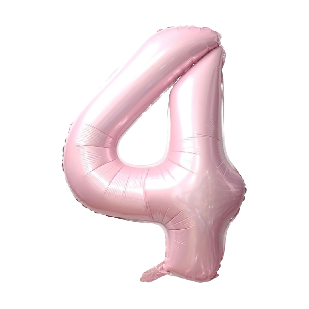 Baby pink 34in number 4 foil balloon for birthday parties – from Parte Haus party supply store in Bethesda, Maryland.