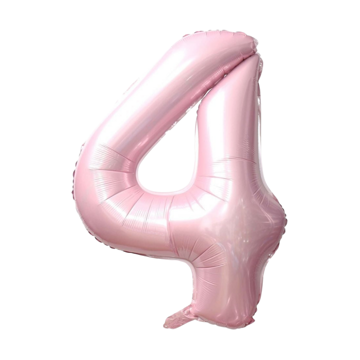 Baby pink 34in number 4 foil balloon for birthday parties – from Parte Haus party supply store in Bethesda, Maryland.