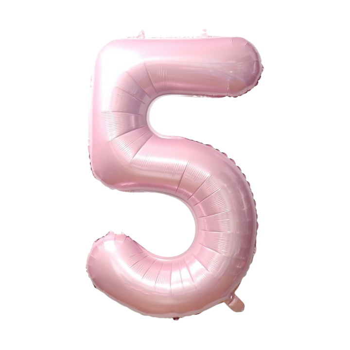 Baby pink 34in number 5 foil balloon for birthday parties – from Parte Haus party supply store in Bethesda, Maryland.