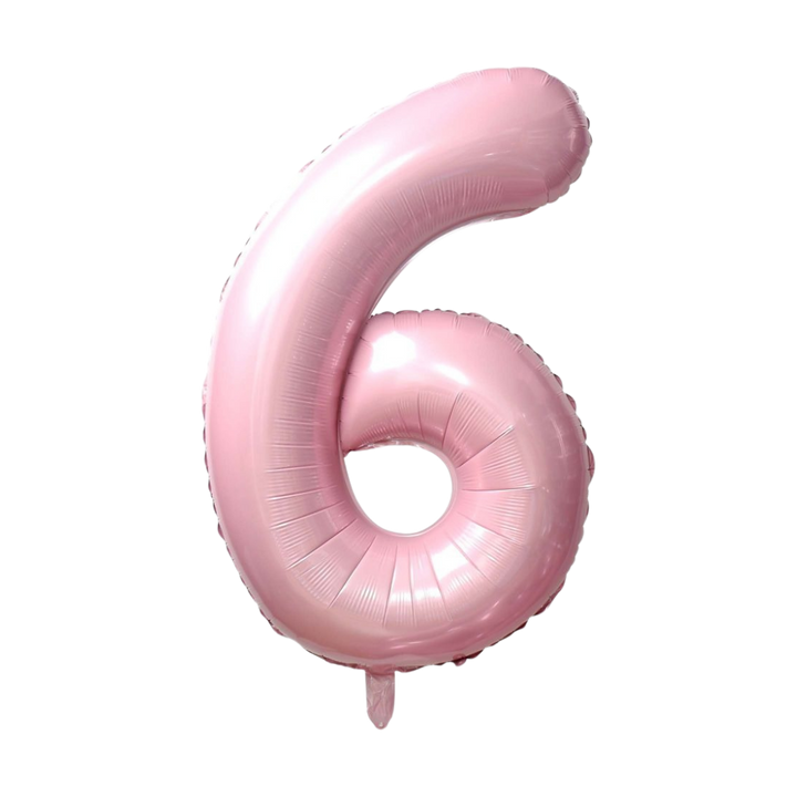 Baby pink 34in number 6 foil balloon for birthday parties – from Parte Haus party supply store in Bethesda, Maryland.