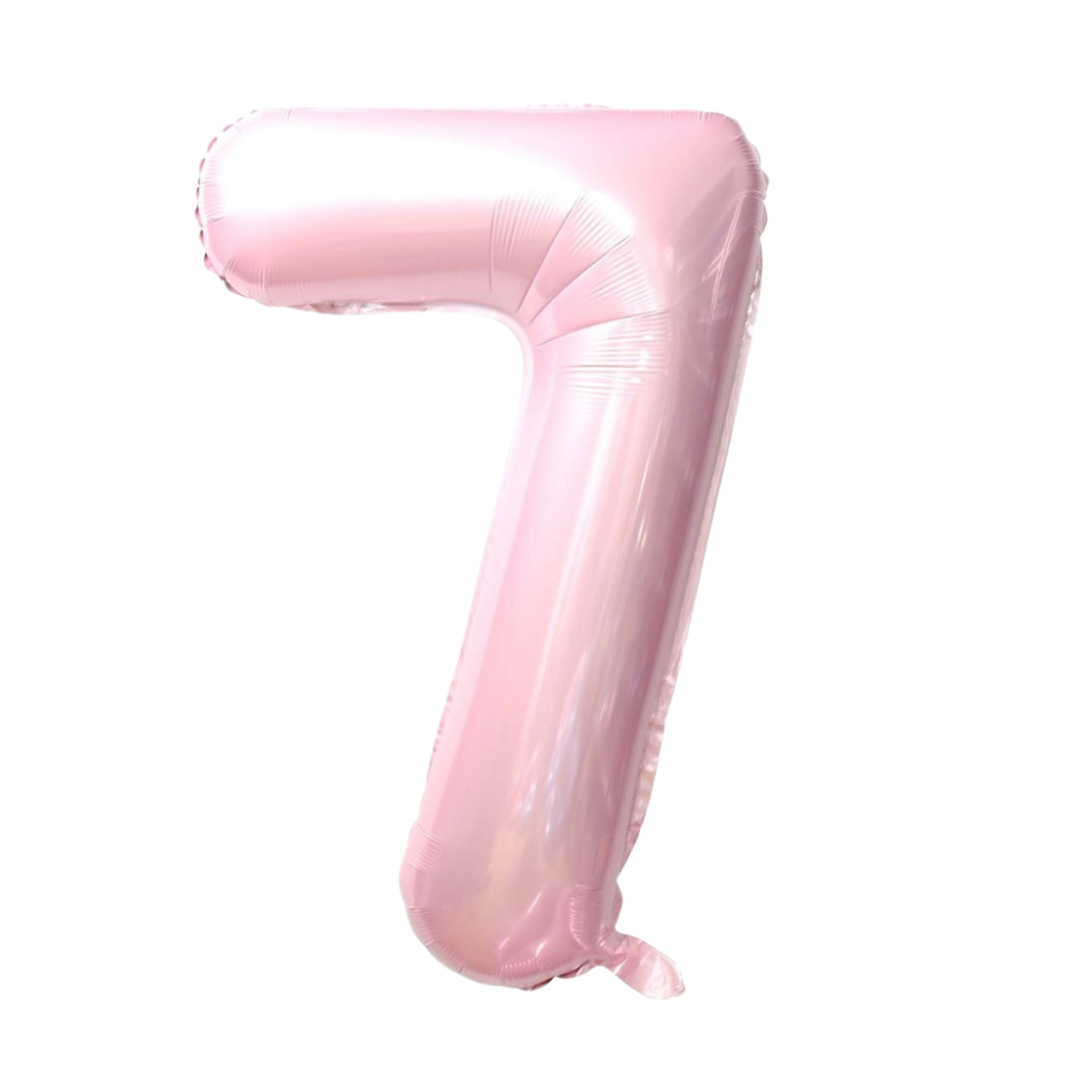 Baby pink 34in number 7 foil balloon for birthday parties – from Parte Haus party supply store in Bethesda, Maryland.