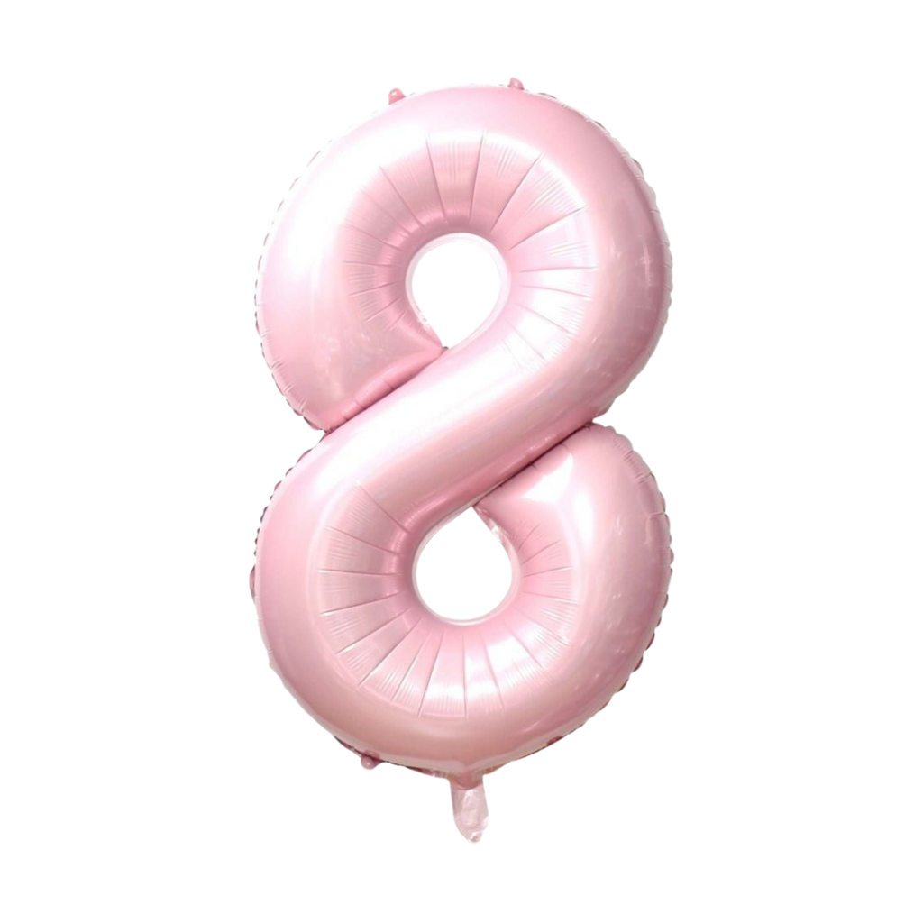 Baby pink number 8 foil balloon for birthday decorations from Parte Haus party supply store in Bethesda MD