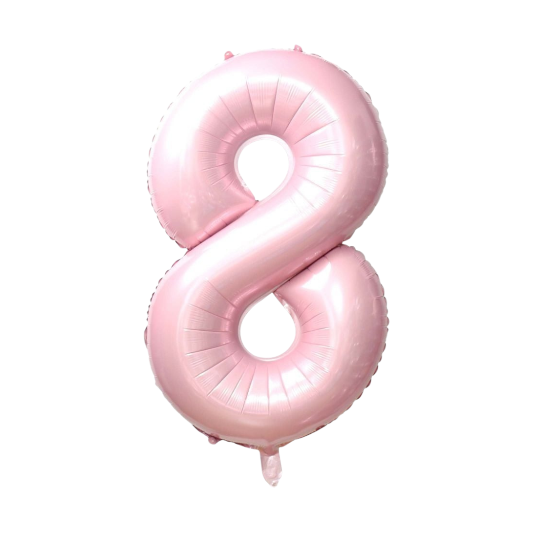 Baby pink 34in number 8 foil balloon for birthday parties – from Parte Haus party supply store in Bethesda, Maryland.