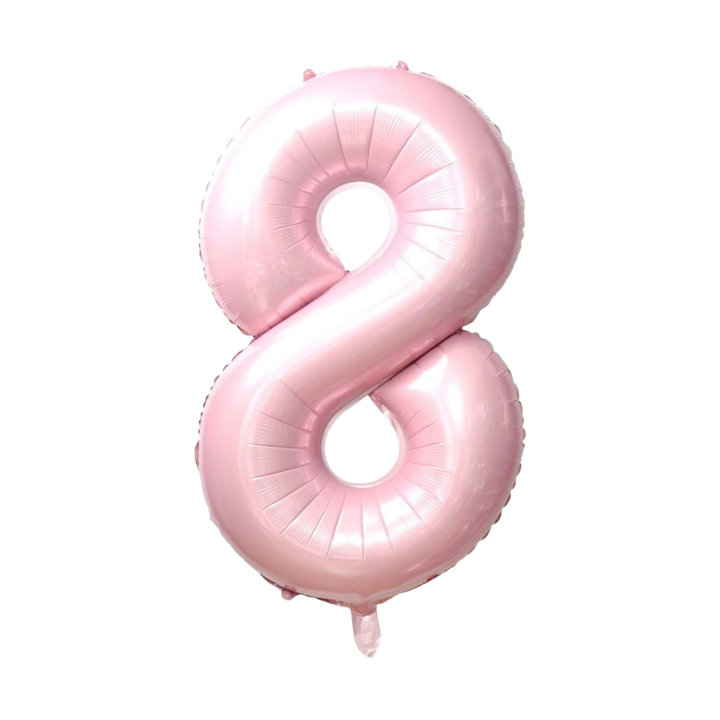 Baby pink 34in number 8 foil balloon for birthday parties – from Parte Haus party supply store in Bethesda, Maryland.