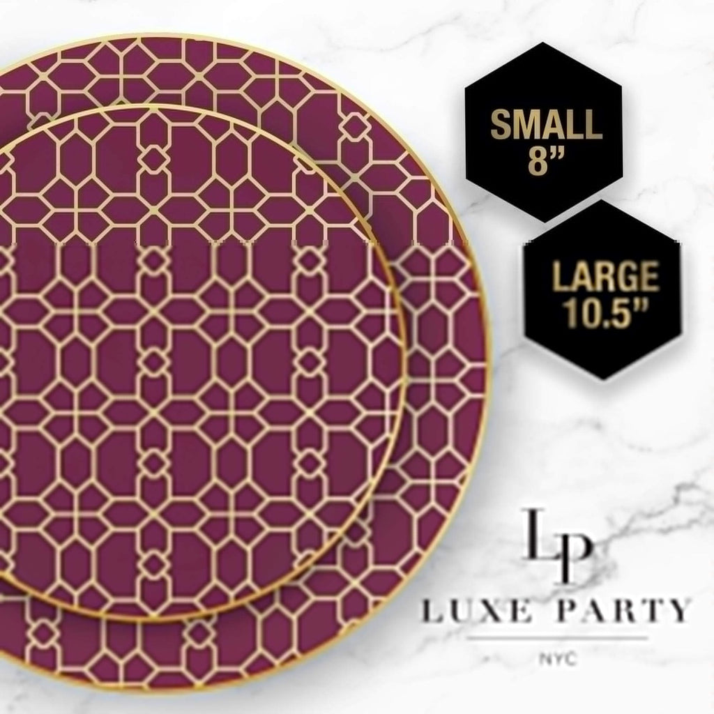 Burgundy gold geometric plates with modern design for elegant celebrations from Parte Haus party supply store in Bethesda MD
