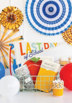 Colorful last day of school decoration banner with cupcakes and balloons from Parte Haus party supply store in Bethesda MD