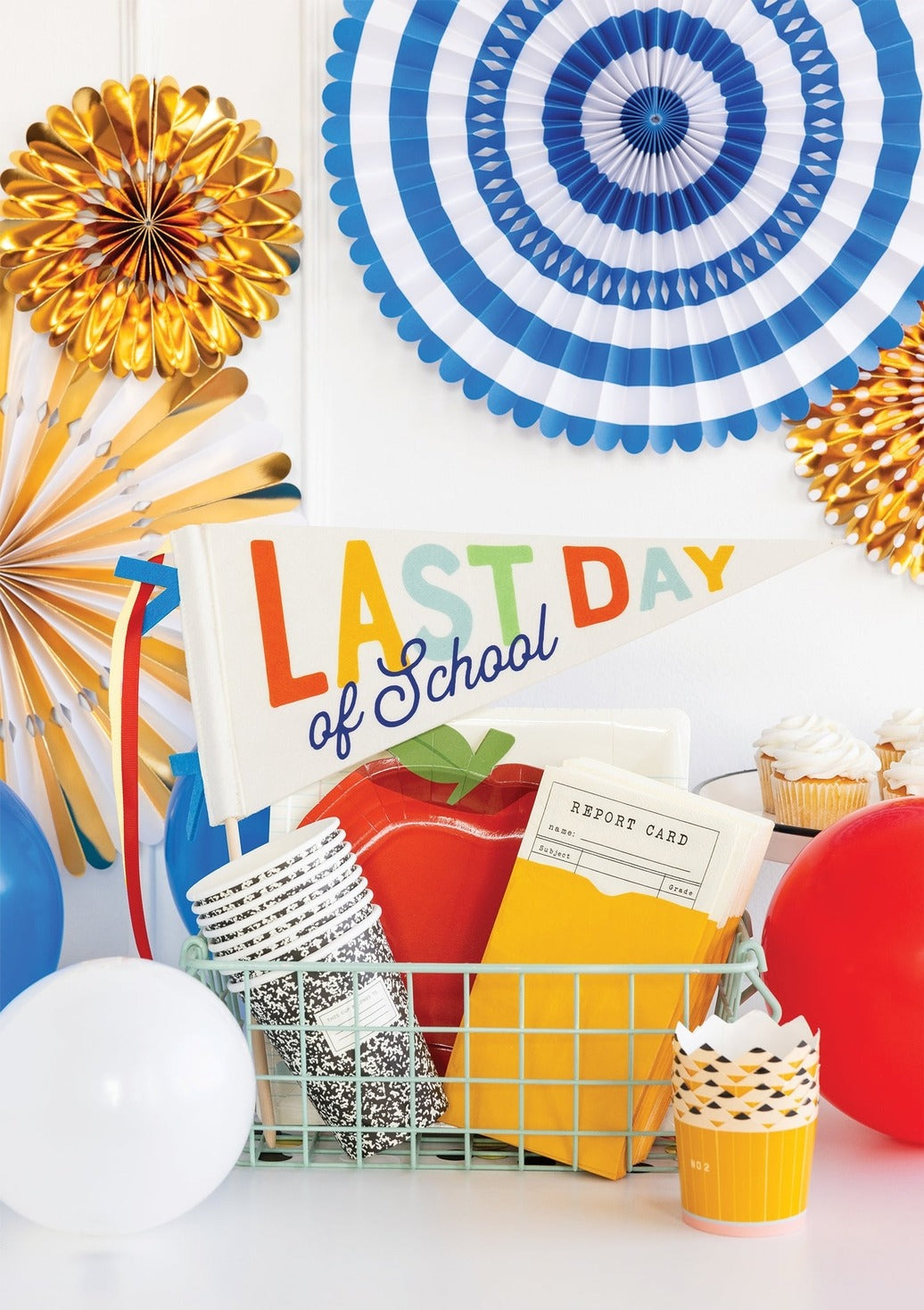 Colorful last day of school decoration banner with cupcakes and balloons from Parte Haus party supply store in Bethesda MD