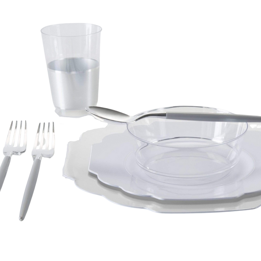 Clear plastic dinnerware set with two forks and a cup for events from Parte Haus party supply store in Bethesda MD