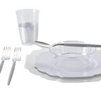 Clear plastic dinnerware set with two forks and a cup for events from Parte Haus party supply store in Bethesda MD