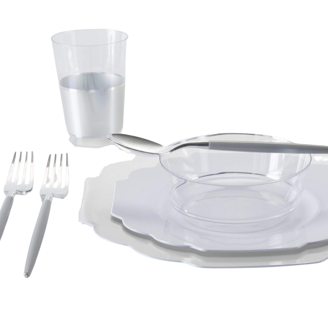Clear plastic dinnerware set with two forks and a cup for events from Parte Haus party supply store in Bethesda MD
