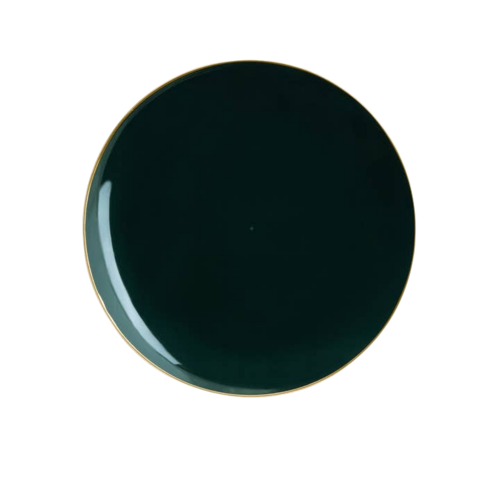Dark green round plate with gold rim elegant tableware from Parte Haus party supply store in Bethesda MD