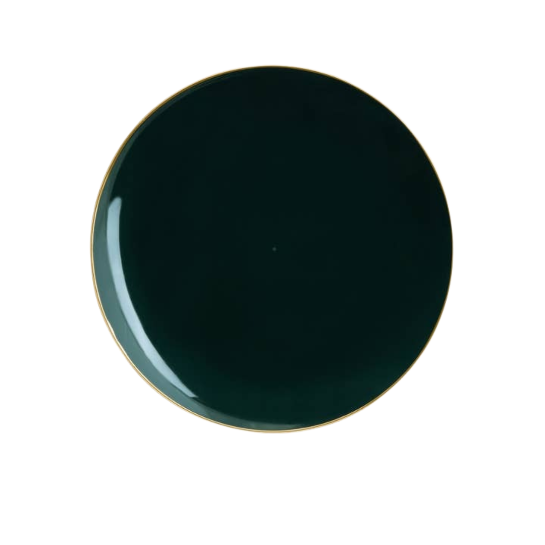 Dark green round plate with gold rim elegant tableware from Parte Haus party supply store in Bethesda MD