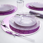 Purple plastic plates and bowls set with clear utensils for celebrations from Parte Haus party supply store in Bethesda Maryland
