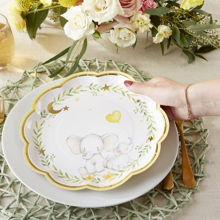 Gold and white elephant theme baby shower paper plate with greenery detail from Parte Haus party supply store in Bethesda MD