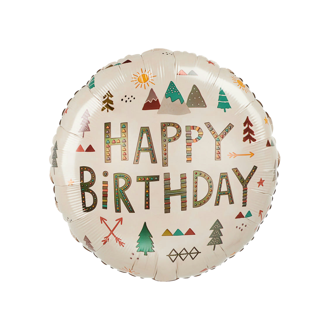 Beige 18in wilderness happy birthday foil balloon with mountain and tree design – from Parte Haus party supply store in Bethesda, MD.