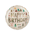 Beige birthday foil balloon with campsite and nature designs camping theme from Parte Haus party supply store in Bethesda Maryland