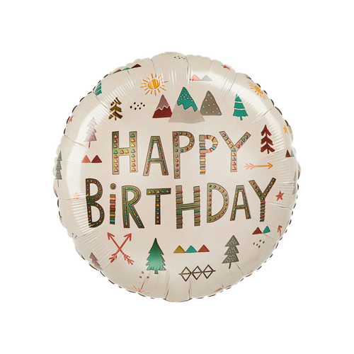 Beige birthday foil balloon with campsite and nature designs camping theme from Parte Haus party supply store in Bethesda Maryland