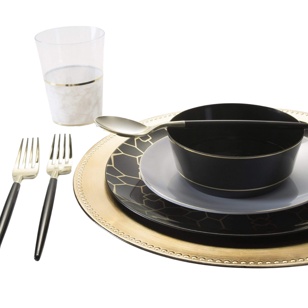 Black and gold elegant tableware set for formal dining from Parte Haus party supply store in Bethesda Maryland