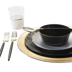 Black and gold elegant tableware set for formal dining from Parte Haus party supply store in Bethesda Maryland