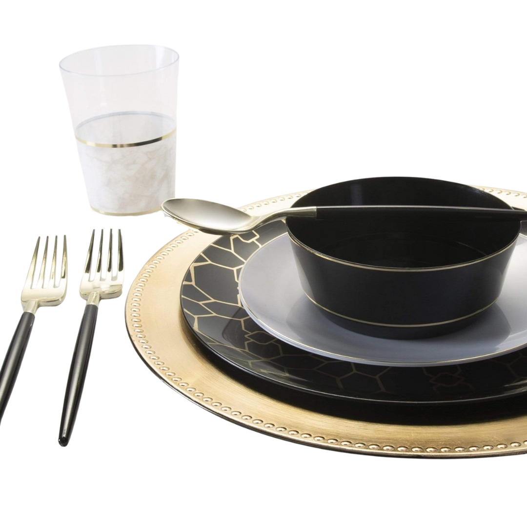 Black and gold elegant tableware set for formal dining from Parte Haus party supply store in Bethesda Maryland