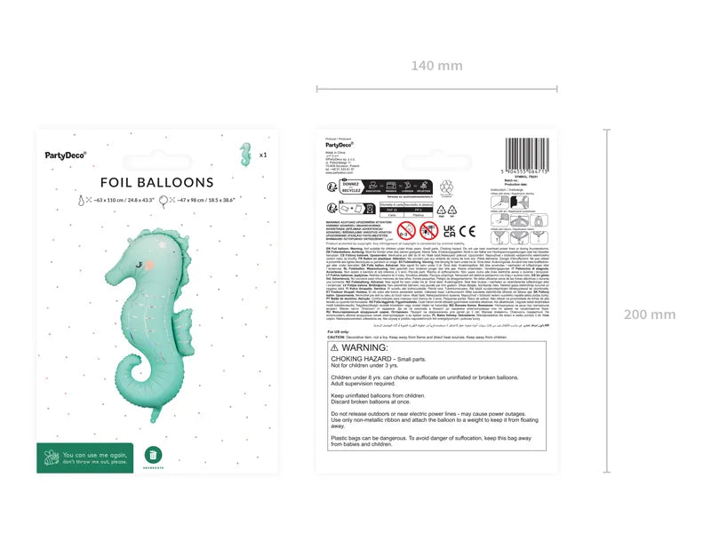 Giant Teal Seahorse Foil Balloon, 39in