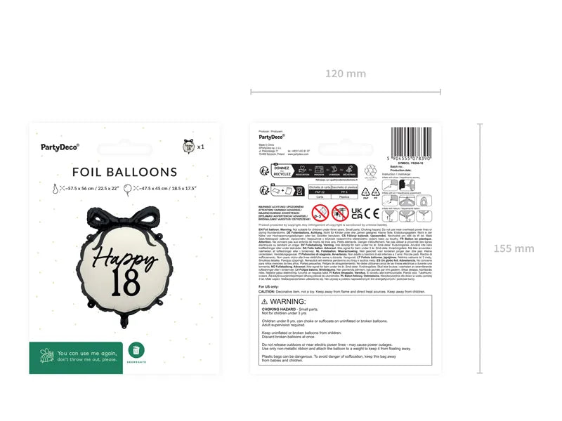 Black and Cream "Happy 18" Ribbon Scalloped Foil Balloon, 18in