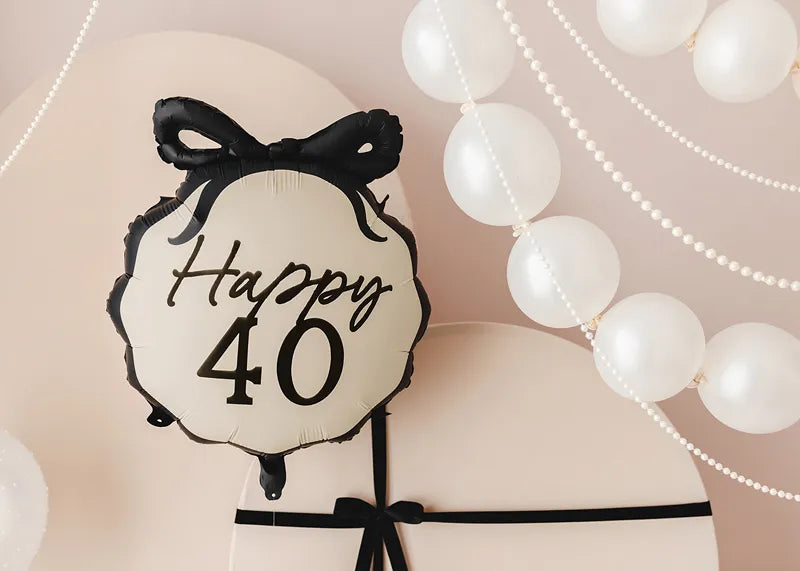 Black and Cream "Happy 40" with Bow Foil Balloon, 18in