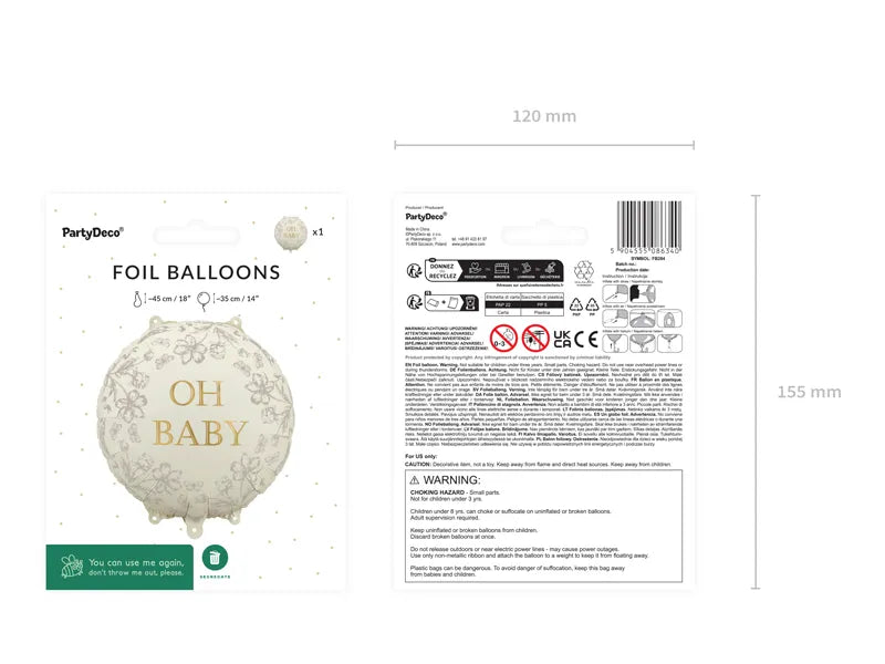Cream "Oh Baby" Floral Round Foil Balloon, 14in