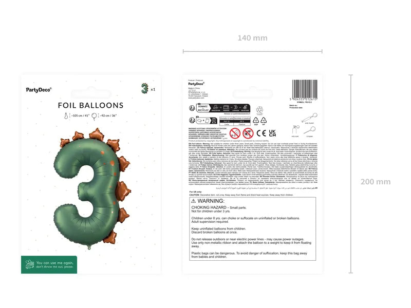 Green Dinosaur Number 3 Foil Balloon, 36in - Giant