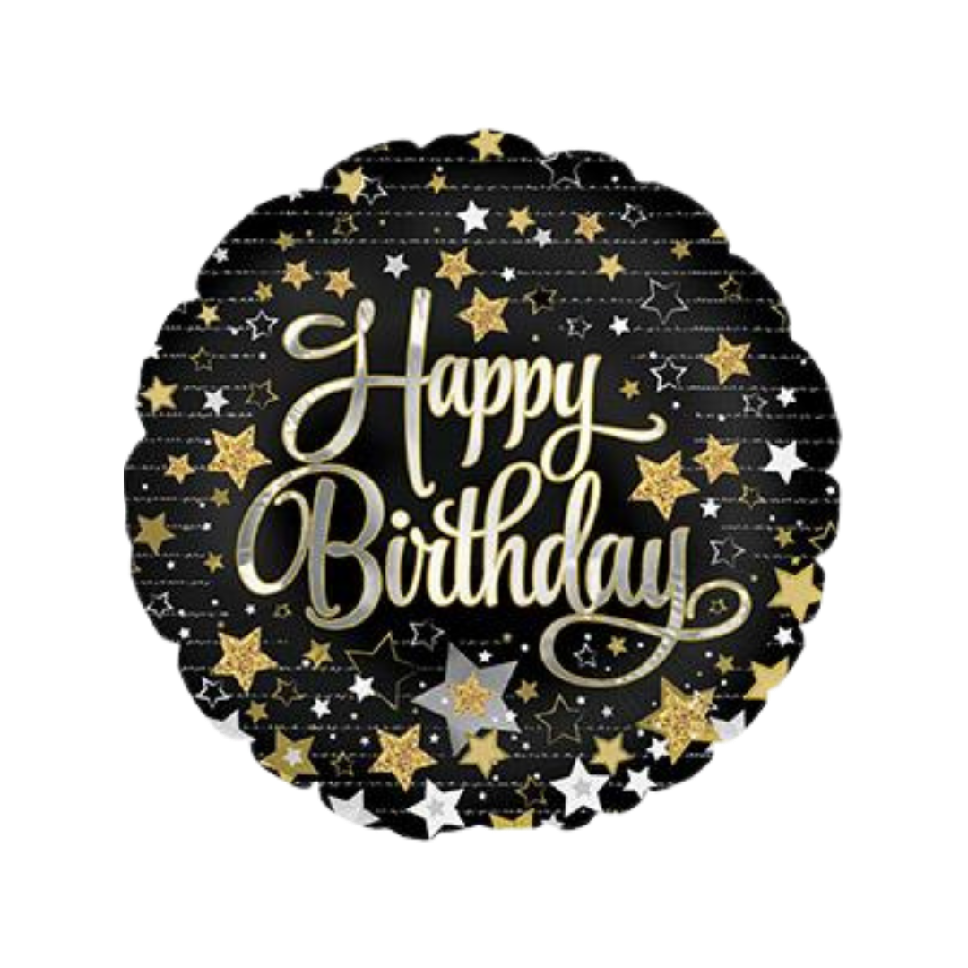 Black 18in Happy Birthday foil balloon with gold and silver stars from Parte Haus party supply store in Bethesda, Maryland.