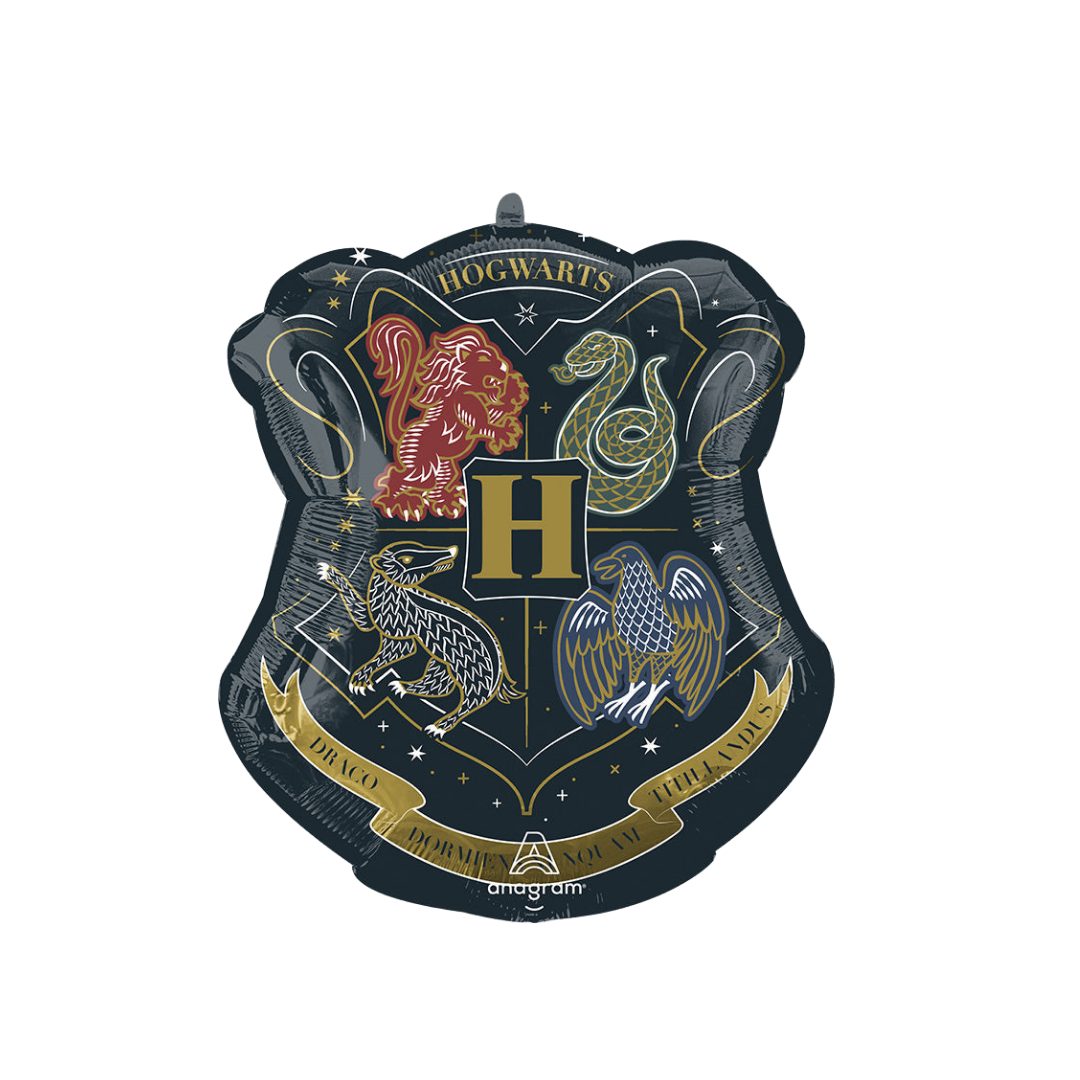 Black and gold 22in Harry Potter Hogwarts crest foil balloon for themed parties – from Parte Haus party supply store in Bethesda, MD.