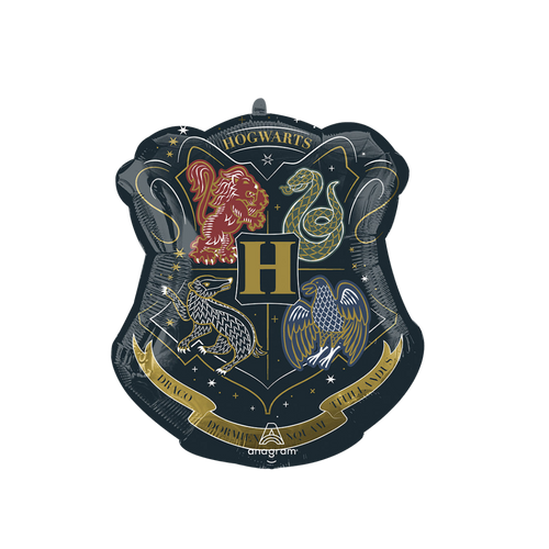 Black gold Hogwarts crest foil balloon for Harry Potter birthday theme from Parte Haus party supply store in Bethesda MD