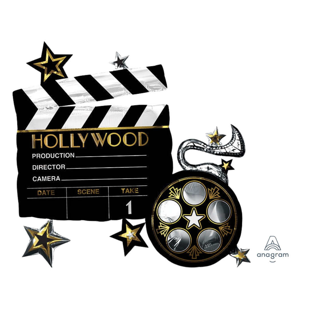 Black and gold 30in Hollywood movie clapboard foil balloon with stars for award show parties – from Parte Haus party supply store in Bethesda, Maryland.