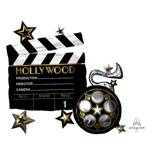 Black gold Hollywood movie clapboard foil balloon with star reel for award show from Parte Haus party supply store in Bethesda Maryland