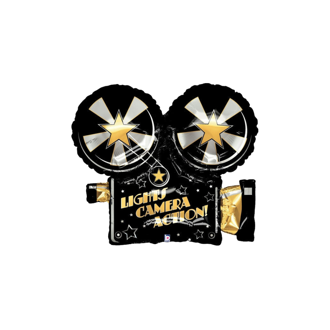Black and gold 32in Lights Camera Action movie projector foil balloon for Hollywood parties – from Parte Haus party supply store in Bethesda, Maryland.