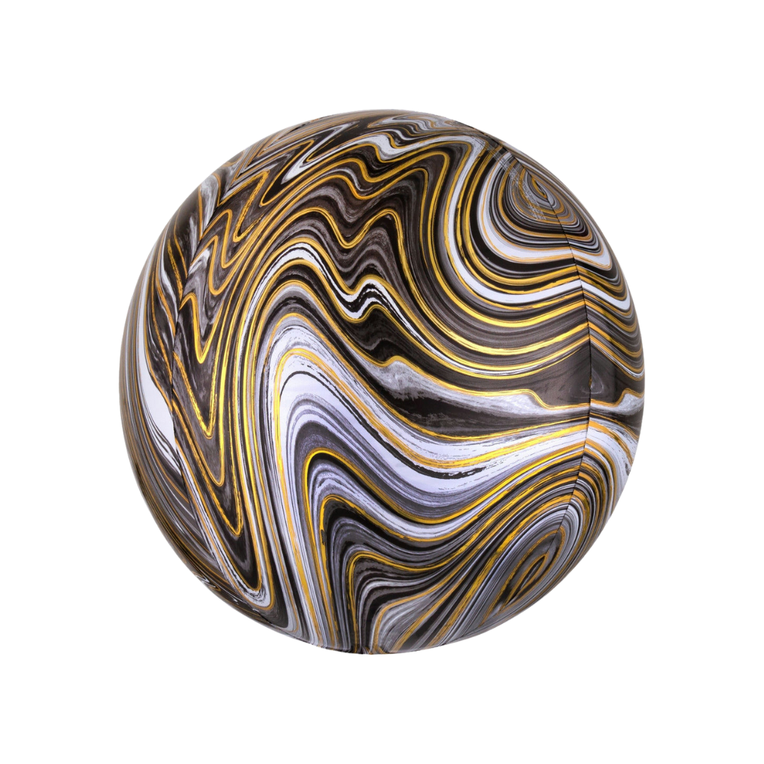 Black and gold 16in marble Orbz foil balloon for birthday parties – from Parte Haus party supply store in Bethesda, Maryland.