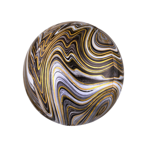 Black gold marble orbz foil balloon with shiny swirl design birthday theme from Parte Haus party supply store in Bethesda Maryland