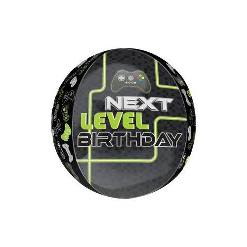Black green orbz foil balloon with game controller and next level birthday text for gaming party from Parte Haus party supply store in Bethesda MD.