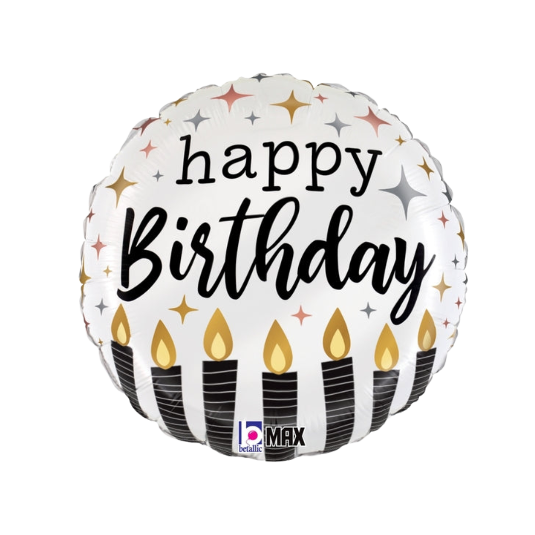 Black and metallic 18in happy birthday foil balloon with stars and candles – from Parte Haus party supply store in Bethesda, Maryland.