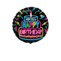 Black neon round foil balloon with happy birthday cake design birthday from Parte Haus party supply store in Bethesda MD