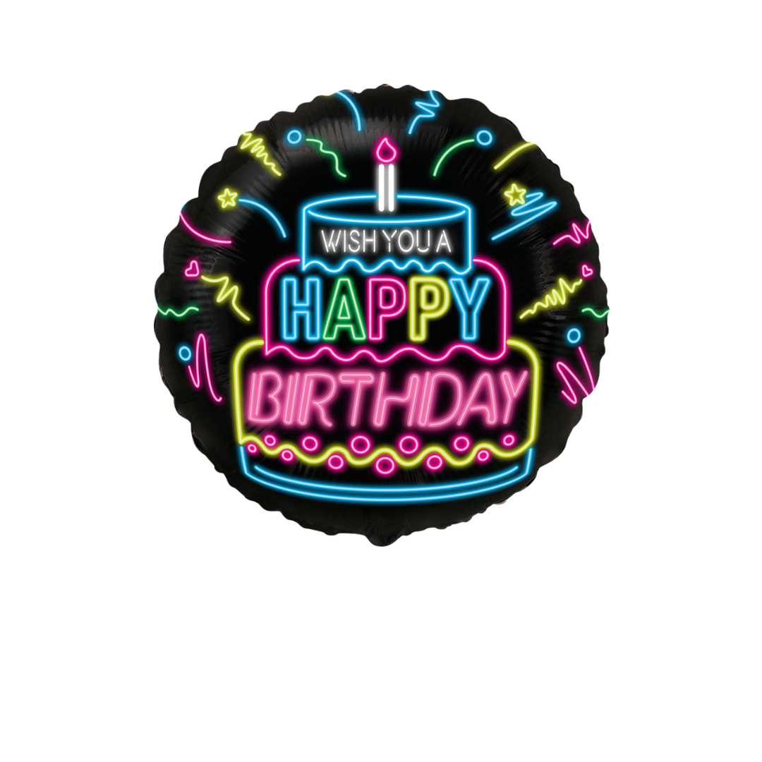 Black neon round foil balloon with happy birthday cake design birthday from Parte Haus party supply store in Bethesda MD