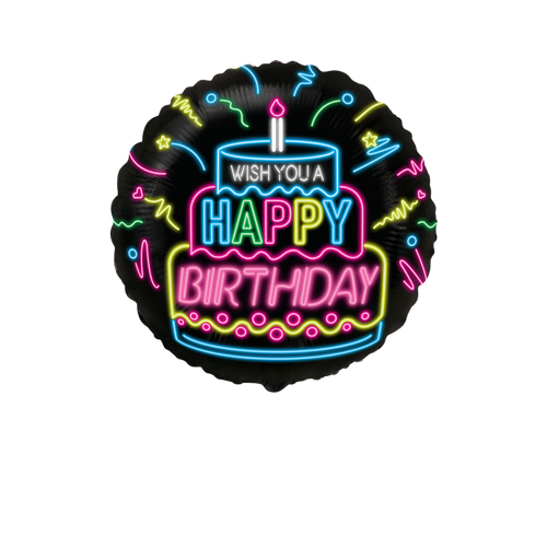 Black neon round foil balloon with happy birthday cake design birthday from Parte Haus party supply store in Bethesda MD