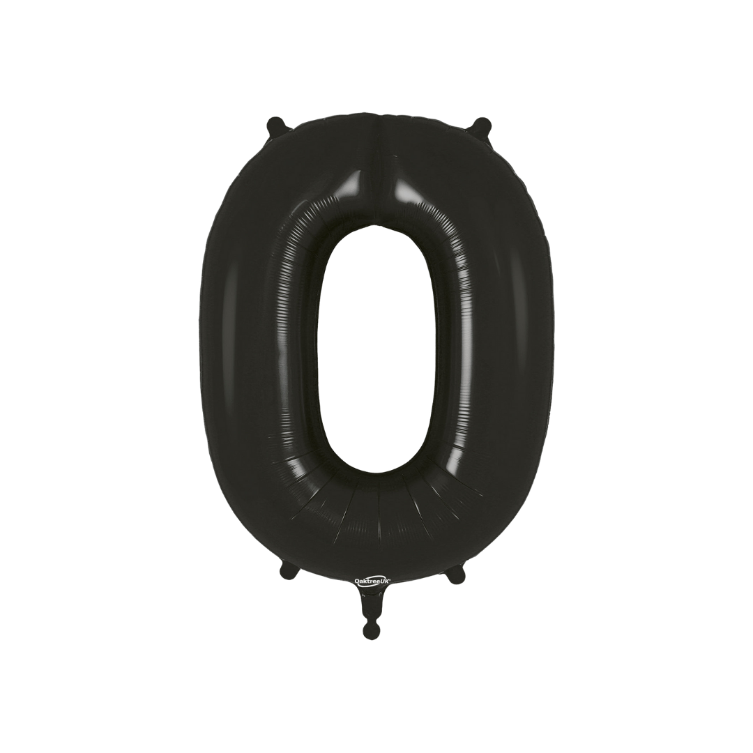 Black 34in number 0 foil balloon with sleek glossy finish for birthday or anniversary parties – from Parte Haus party supply store in Bethesda, MD.
