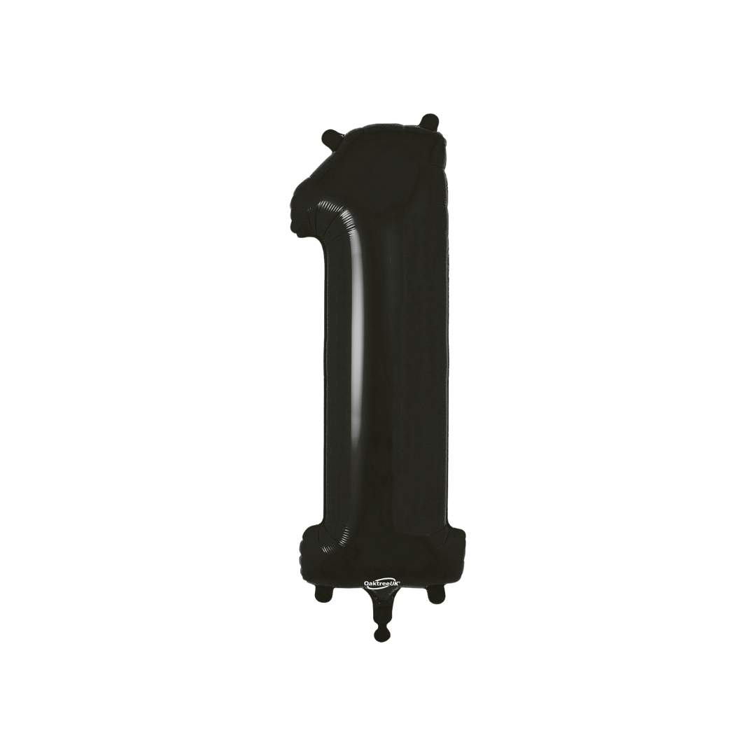 Black 34in number 1 foil balloon with sleek glossy finish for birthday or anniversary parties – from Parte Haus party supply store in Bethesda, Maryland.