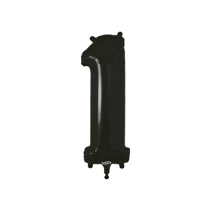 Black 34in number 1 foil balloon with sleek glossy finish for birthday or anniversary parties – from Parte Haus party supply store in Bethesda, Maryland.