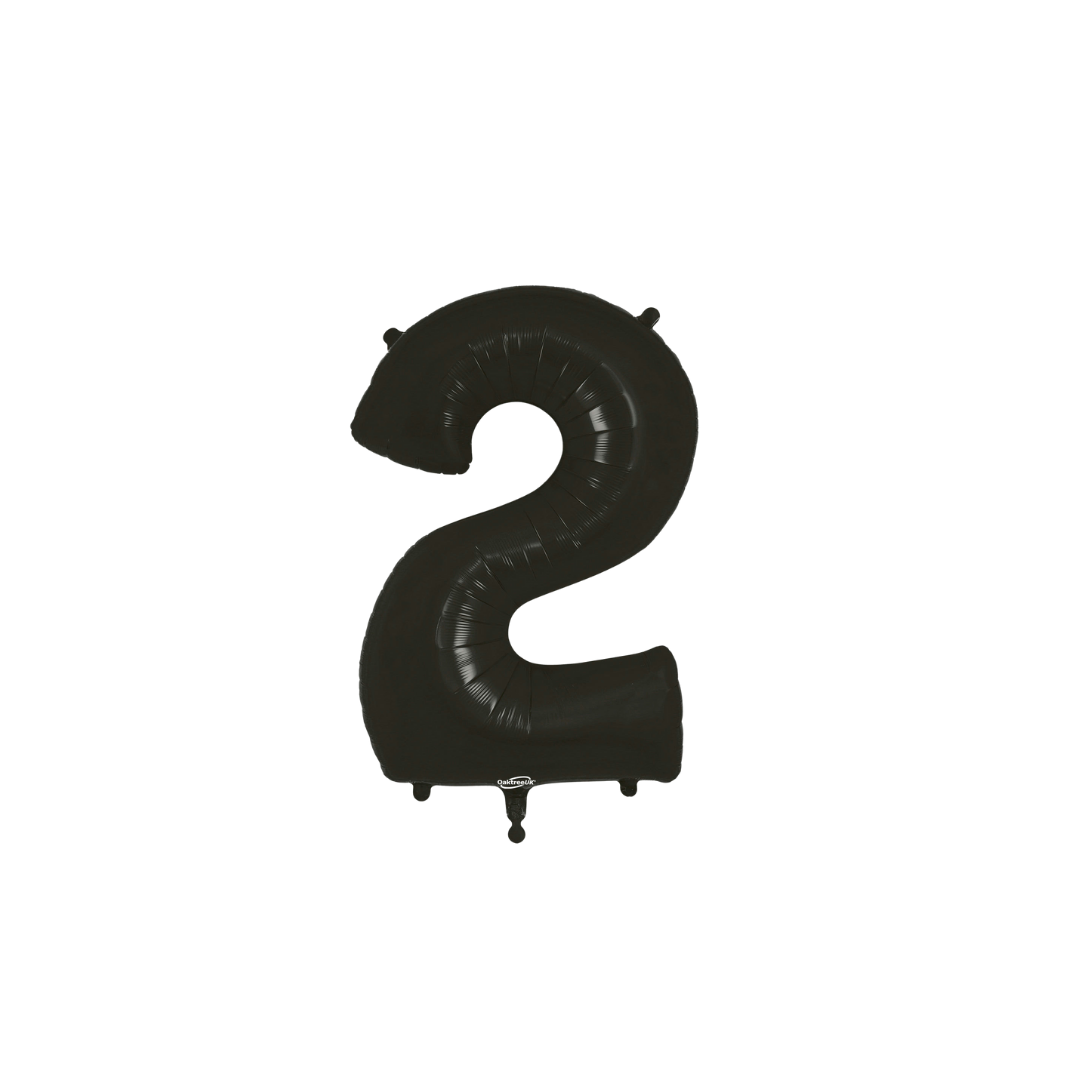 Black 34in number 2 foil balloon with sleek glossy finish for birthday or anniversary parties – from Parte Haus party supply store in Bethesda, MD.